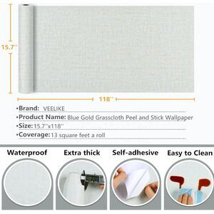 VEELIKE Blue Gold Grasscloth Peel and Stick Wallpaper Sz 15.7''x118''